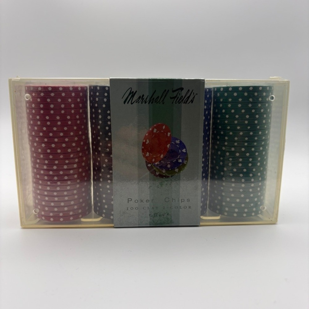 Vtg 2005 NOS Marshall Field's 100 Clay Poker Chips 2-Color Set‎ in Case